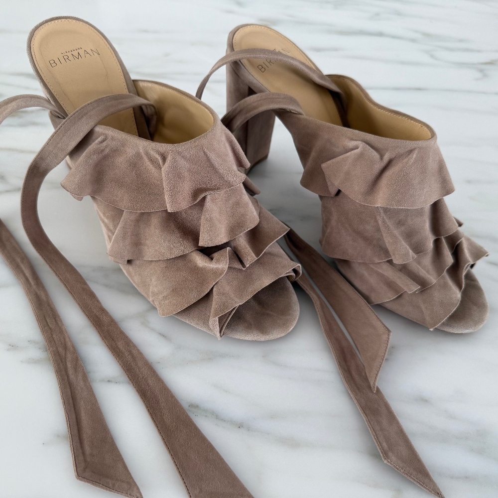 Alexandre Birman Taupe Suede Clarita Ruffle Sandals, EU 41